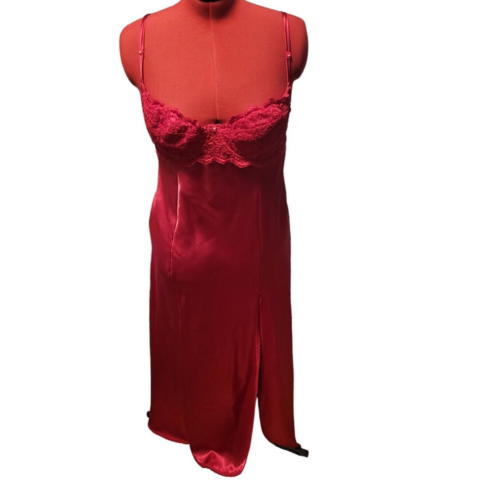 Maxi length red silk strappy nightie with textured lace cups/bodice, size L